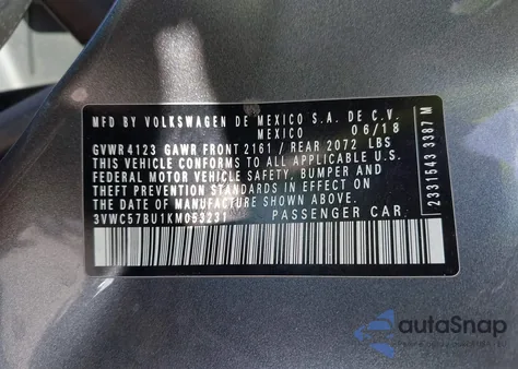 2019 Volkswagen Jetta 1.4T R-Line/1.4T S/1.4T Se from USA, damaged, VIN 3VWC57BU1KM053231